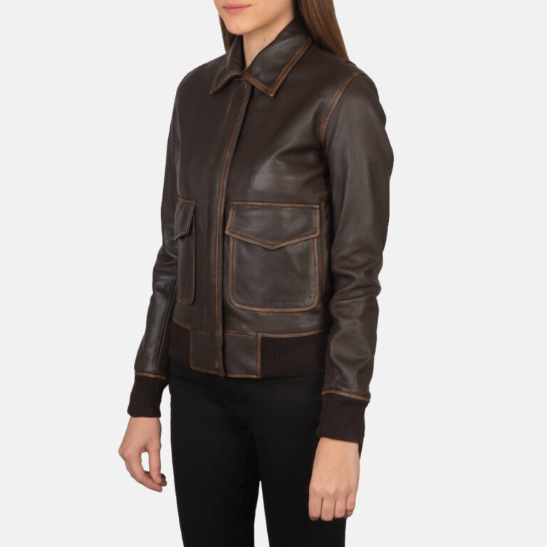 Womens Westa A-2 Brown Leather Bomber Jacket Side Pose-3-1659377745837
